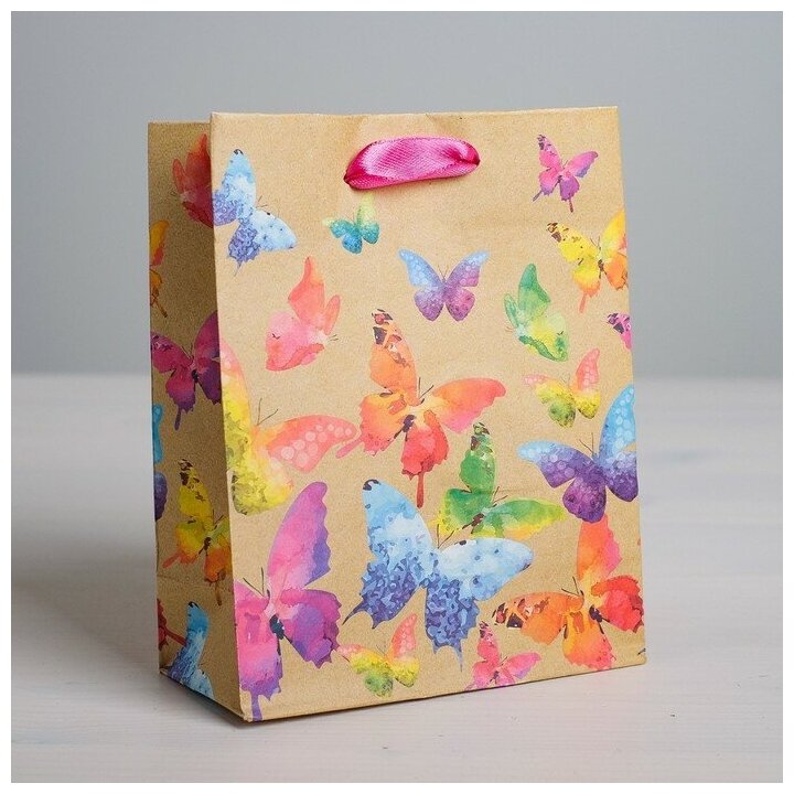 Дарите Счастье Пакет подарочный крафтовый вертикальный, упаковка, «Бабочки», ML 23 х 27 х 11,5 см