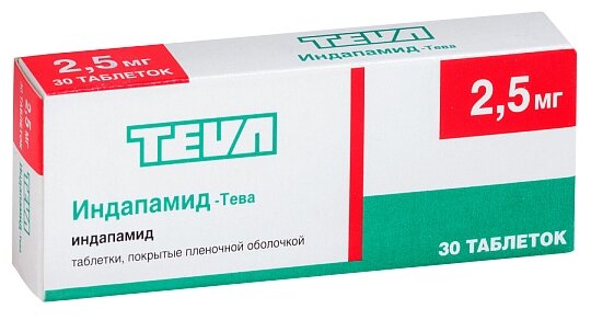 Изображение Индапамид-тева таб. п/о плен., 2.5 мг, 30 шт.