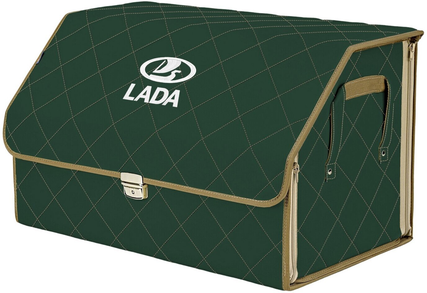 Органайзер-саквояж в багажник "Союз Премиум" (размер XL). Цвет: зеленый с бежевой прострочкой Ромб и вышивкой LADA (лада).
