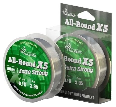 Леска монофильная Allvega "ALL-ROUND X5" 0.18мм (100м) (3,95кг) (прозрачная)