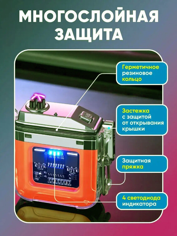 Зажигалка плазменная Огонь, с мощным фонарём, водонепроницаемая, две дуги, в прозрачном корпусе - фотография № 5