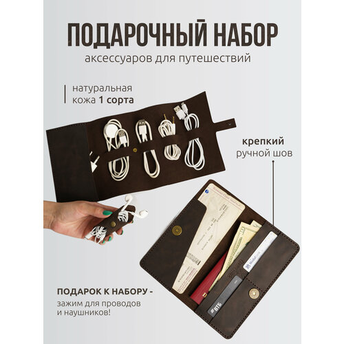 фото Подарочный набор аксессуаров "тревел" из натуральной кожи ручной работы. цвет - шоколад frame work