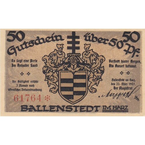Германия (Веймарская Республика) Балленштедт 50 пфеннигов 22.03.1921 г. (№1)