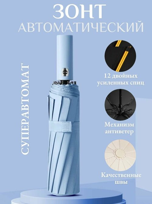 Смарт-зонт автомат, купол 104 см, 12 спиц, система «антиветер», чехол в комплекте, голубой, синий