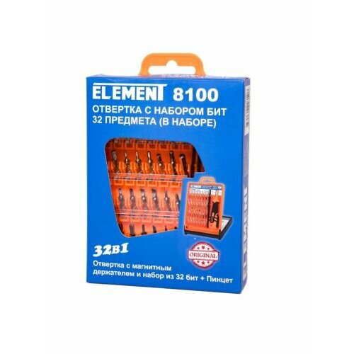 отвертка с набором бит element 8100 Отвертка с набором бит Element 8100 (32 предмета в наборе)