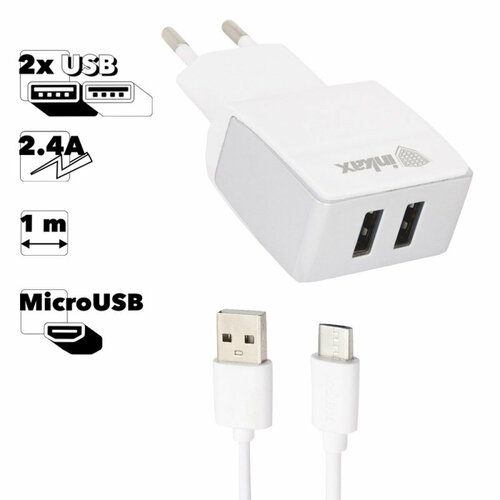 Блок питания (сетевой адаптер) inkax CD-23 Superior 2xUSB 2.4А с кабелем MicroUSB 1м (белый) блок питания сетевой адаптер inkax cd 20 overall 2xusb 2 4а с кабелем microusb 1м белый