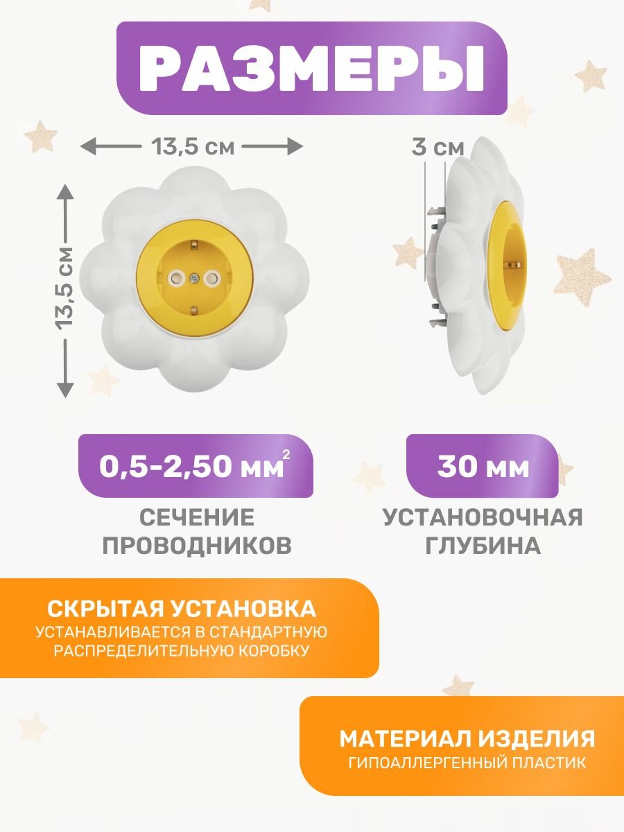розетка 1-ая kranz happy ромашка, скрытая, с заземл. и защ.шторками, желтая/белая, kr-78-0622 - фото №2