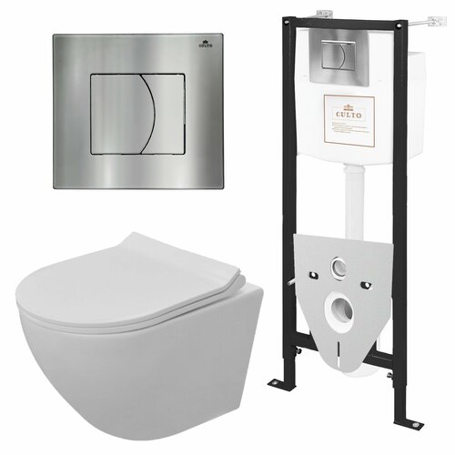 Инсталляция с подвесным унитазом CULTO ANDI WHITE. Комплект: подвесной безободковый унитаз, сиденье с микролифтом, инсталляция, клавиша смыва хром