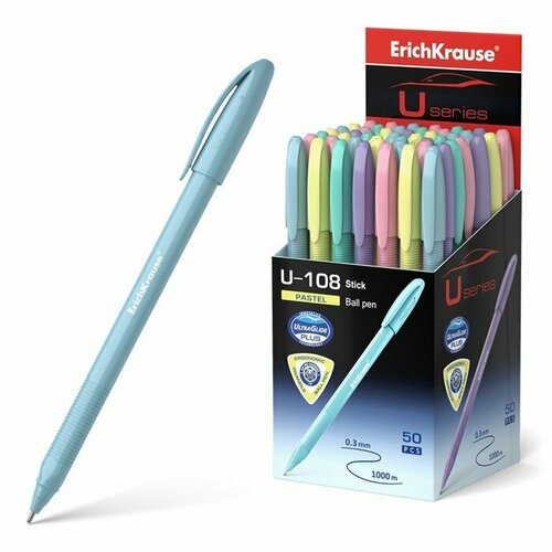 Ручка шариковая ErichKrause U-108 Pastel Stick 1.0, Ultra Glide, цвет чернил синий (комплект из 50 шт) ручка шариковая u 108 pastel stick 1 0 ultra glide цвет чернил синий 50 шт