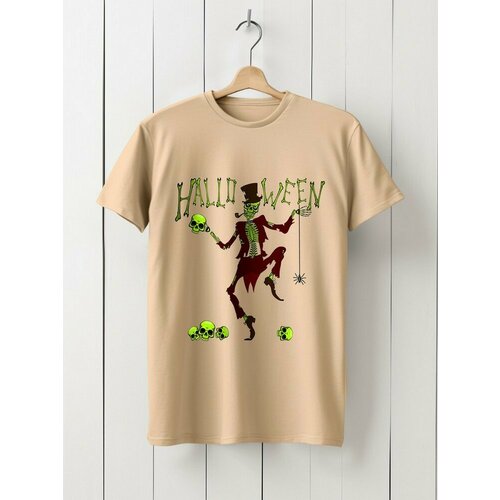 фото Футболка hypnotica футболка унисекс бежевая из хлопка с dtf принтом хеллоуин танцующий скелет (дабстеп, осень, подарок, helloween) - 9417, размер 2xl, бежевый