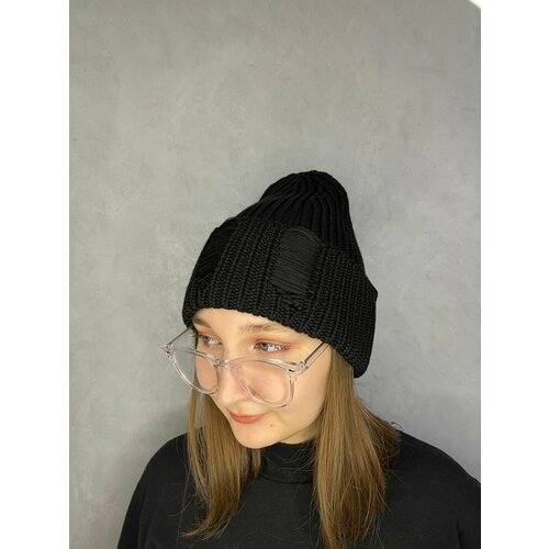 фото Шапка бини шапка бини с отворотом, шапка рванка, вязаная, осень-зима, размер 52-58, черный divina home