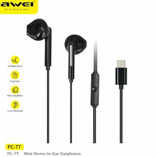 Наушники разъем Type-C гарнитура с микрофоном PC-T7 черные 469₽