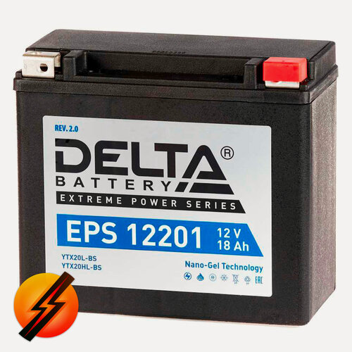 Изображение товара Аккумулятор мотоциклетный Delta EPS 12201 YTX20L-BS. YTX20HL-BS. YB16L-B. YB18L-A 12V 18Ah Nano-Gel (залит и готов к применению)