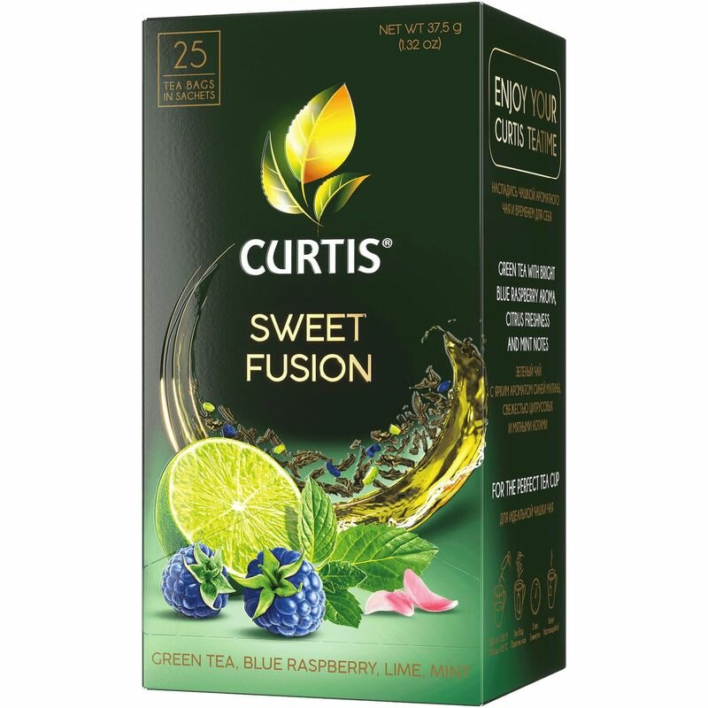 Чай зеленый в пакетиках CURTIS "Sweet Fusion" 25 пакетиков, c лаймом, синей малиной и мятой, мелколистовой - фотография № 6