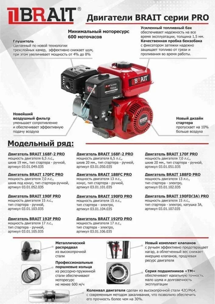 Двигатель бензиновый для мотоблока BRAIT BR235P20 PRO (8 л. с, диаметр вала 20мм, длина вала 53мм) — фото 10