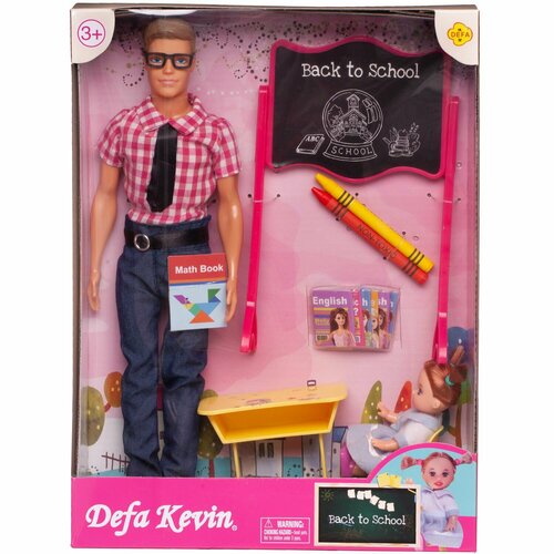 Игровой набор Кукла Defa Kevin Учитель (в рубашке в бело-розовую клетку) и ученица на уроке, игровые предметы, 30 см 8368d/бело-розовая