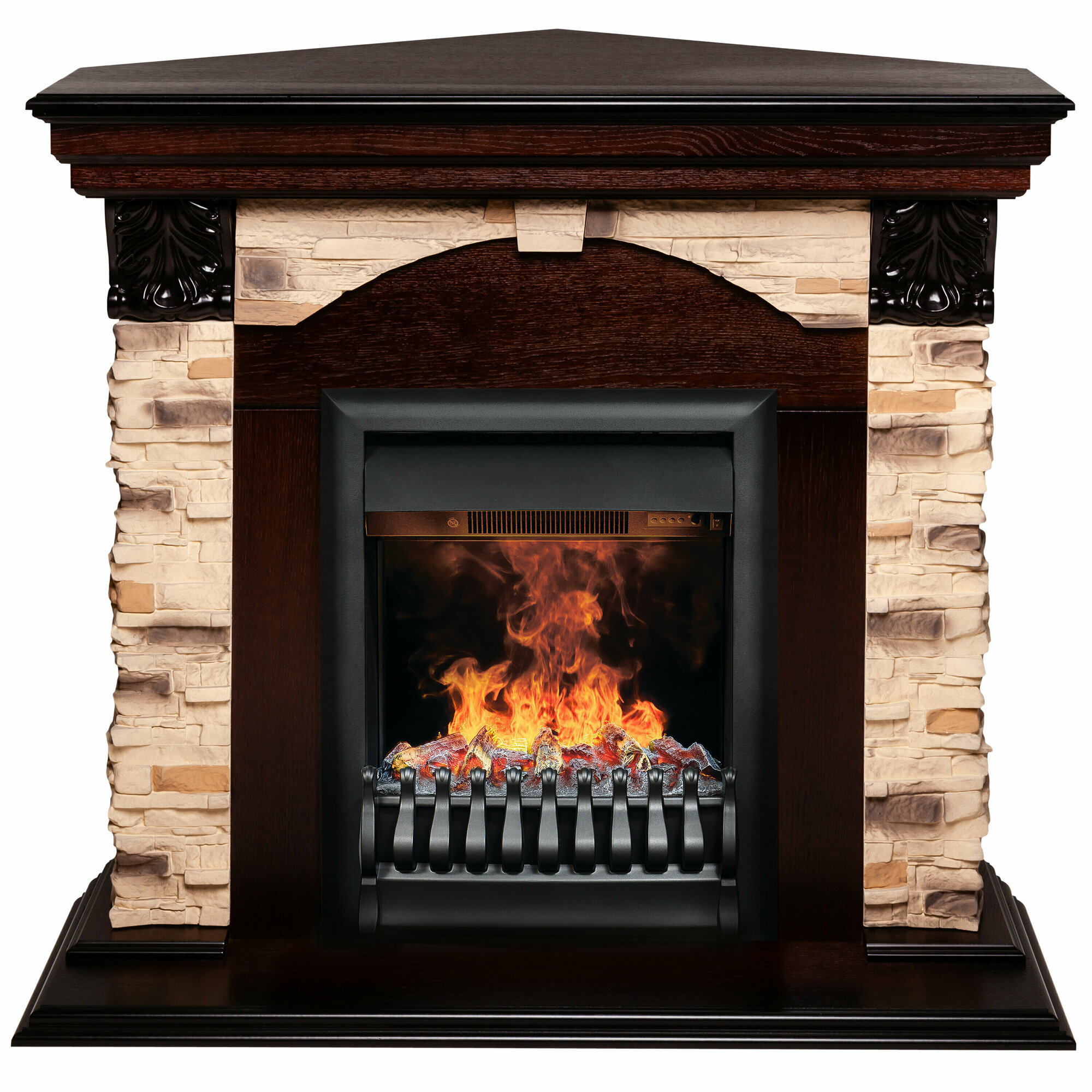 Электрокамин RealFlame Dublin Rock Corner коричневый МДФ с очагом Oregan 3D имитация пламени 3D обогрев увлажнение пульт