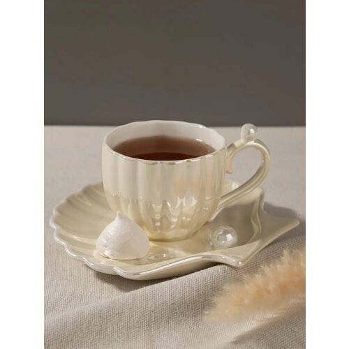 Кружка с блюдцем для чая и кофе чайная пара жемчужная