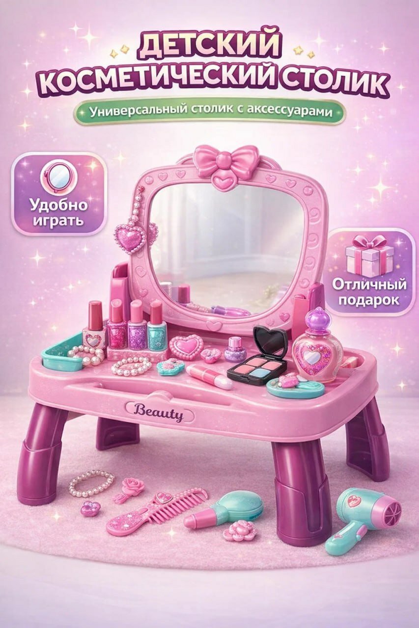 Красивый детский косметический столик с зеркалом и аксессуарами