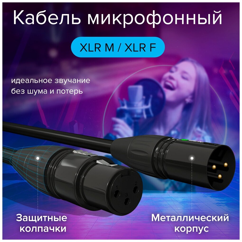 GCR Кабель 3.0m микрофонный XLR M / XLR F, черный, AL case черный