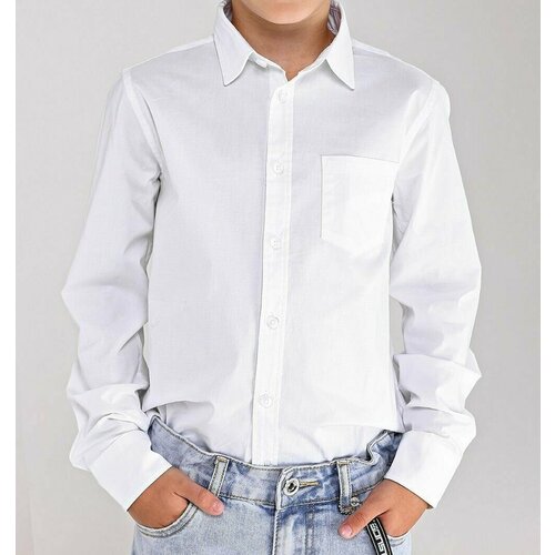 Школьная рубашка PLATIN, прямой силуэт, на пуговицах, длинный рукав, карманы, однотонная, размер 8, белый