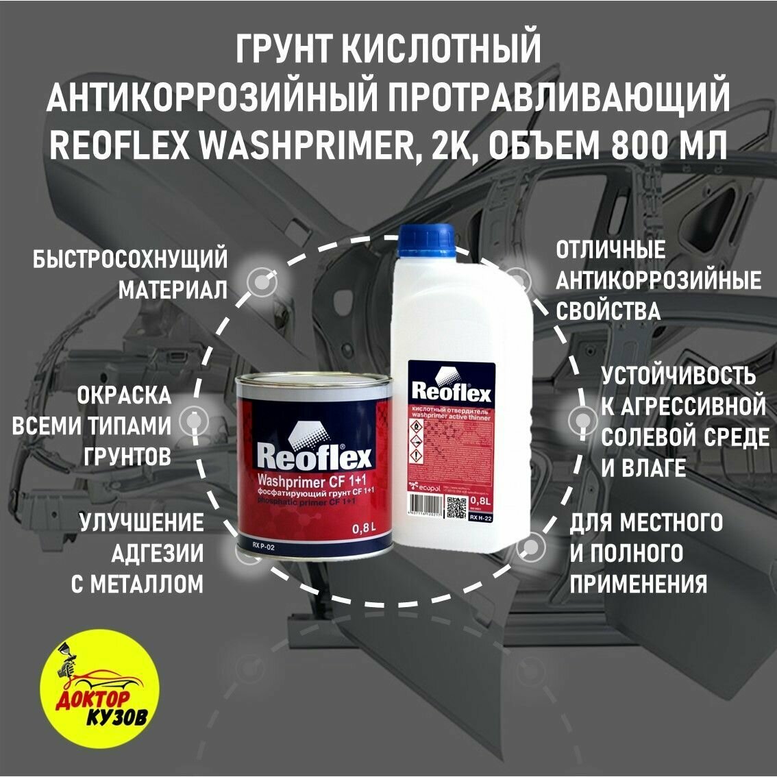 Кислотный грунт для авто Reoflex 0,8 л желтый + отвердитель 0,8 л / Двухкомпонентный (фосфатирующий) грунт 1+1 Washprimer RX P-02/800