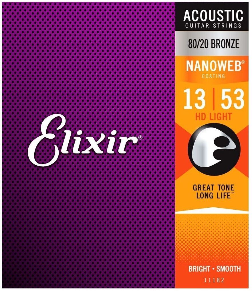 11182 NANOWEB Комплект струн для акустической гитары, HD Light, бронза 80/20, 13-53, Elixir