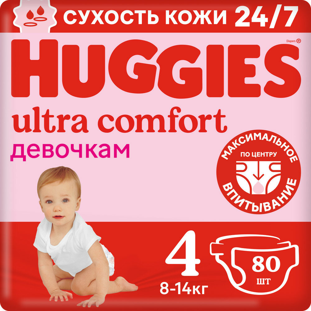 Подгузники Huggies Ultra Comfort для девочек 4 (8-14кг), 80 шт.