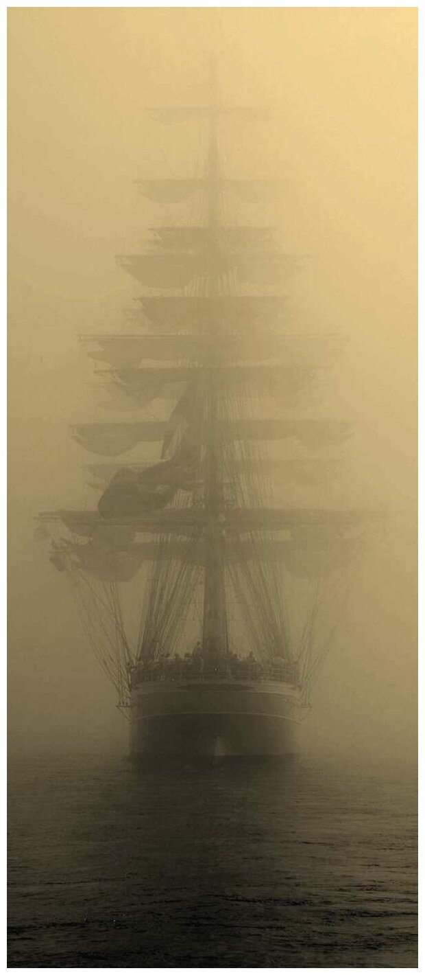 Самоклеящиеся фотообои "Парусник в тумане", размер: 90x210 см, эффект: сепия