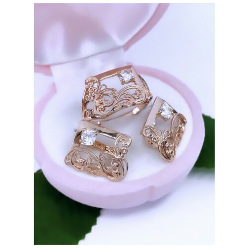 Комлпект бижутерии из дубайского золота КТ711 белые цирконы: серьги кольцо р.18