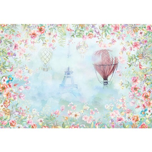 Моющиеся виниловые фотообои GrandPiK Эйфелева башня и цветочный фон Акварель, 400х280 см