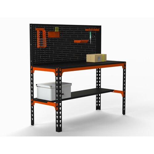Стол металлический Metalex 750х1200х600 + перфопанель с комплектом аксессуаров (оранжево-чёрный)