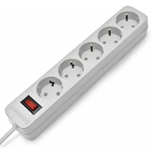 Сетевой фильтр SONNEN SPW-185, 5 розеток с заземлением, выключатель, 10 А, 1,8 м, белый, 513653