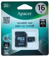 Карта памяти Apacer microSDHC Class 10 UHS-I U1 (R45 MB/s) 16GB + SD adapter