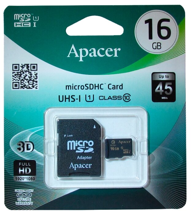 Карта памяти Apacer microSDHC Class 10 UHS-I U1 (R45 MB/s) + SD adapter