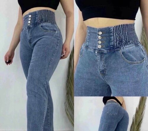 Джинсы бананы  Denim, полуприлегающие, завышенная посадка, на резинке, размер 40, синий