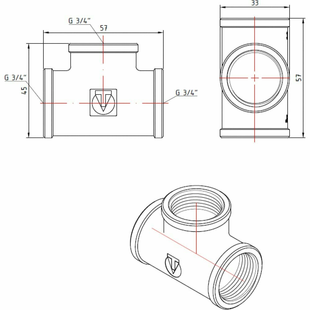 Тройник латунь никелированный 3/4" Valtec - фото №6