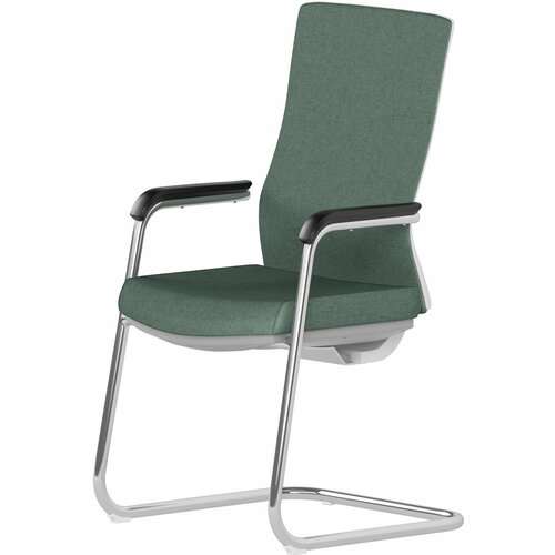 Кресло компьютерное тесла на полозьях, ткань зеленая, белый пластиковый каркас, хромированные опоры