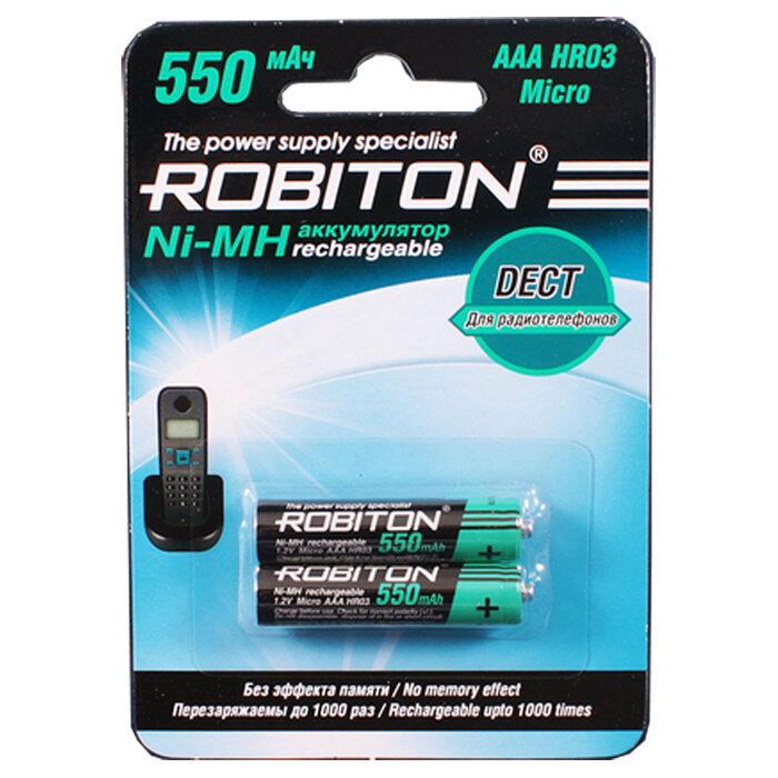 Ni-Mh аккумуляторы ROBITON DECT 550MHAAA-2 BL-2 13903, 1.2В, 550мАч, размер ААА (HR03), металлогидридные, для радиотелефона, 2шт