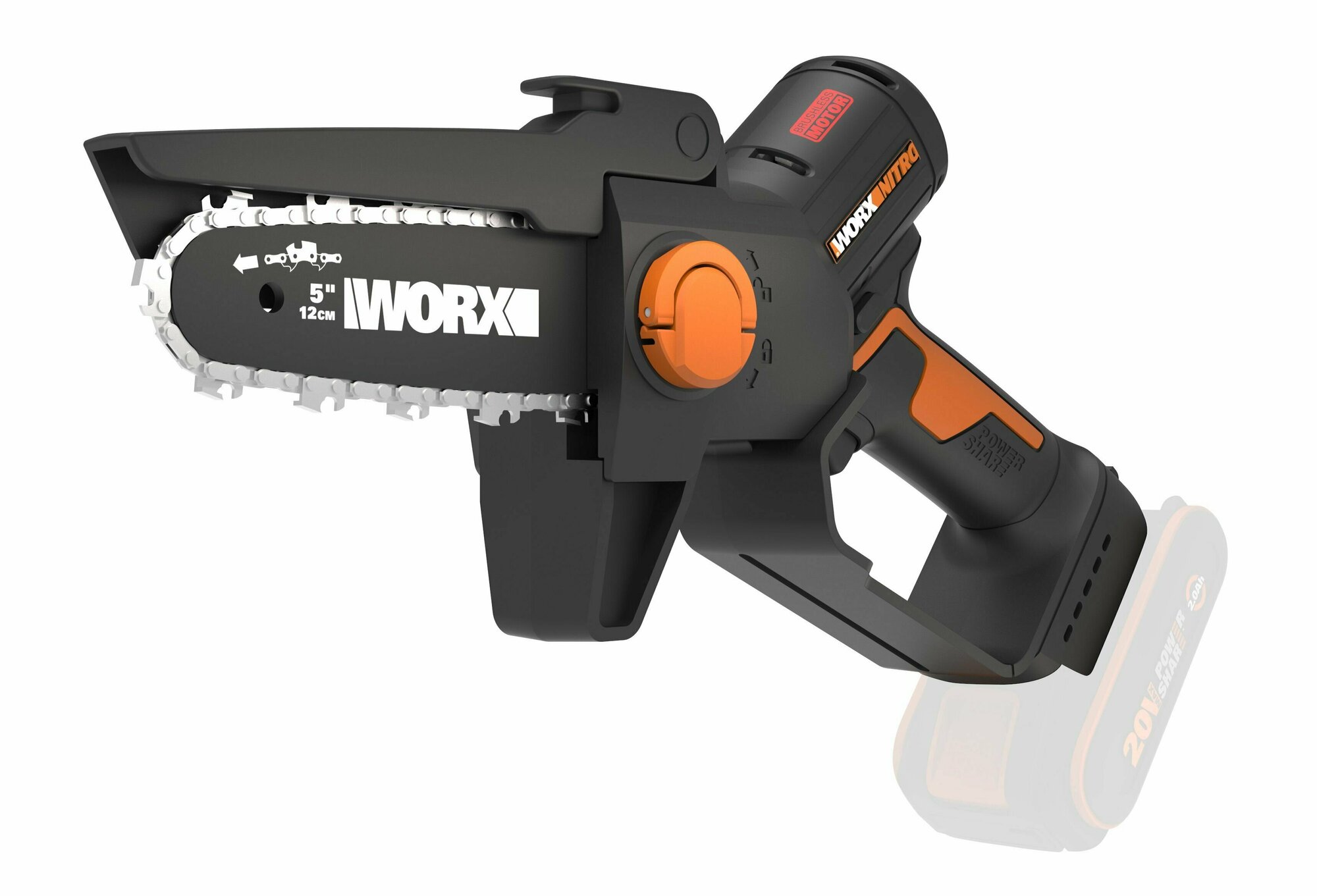 Аккумуляторная цепная пила с бесщёточным мотором Worx WG325E.9, 20 В, 12 см, без АКБ и ЗУ - фотография № 2