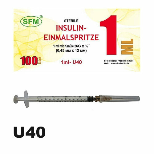 Шприц 1мл инсулиновый 1сс / U-40 трехкомпонентнный со съемной иглой 26G (0,45 х 12 мм) 534200, 100 шт/уп.