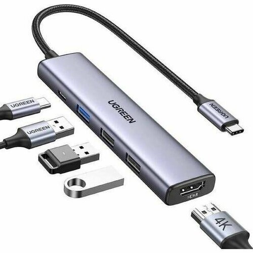 Адаптер UGREEN CM478 (15495) USB-C To HDMI+1xUSB3.0 A+2xUSB2.0 A+PD Power Converter - Silver конвертер ugreen cm478 20955 usb c to hdmi 4 usb 3 0 a without pd converter цвет серый