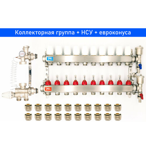 Коллектор для теплого пола VIEIR VR113-10A 1x 10 выходов с расходомерами + НСУ + евроконуса