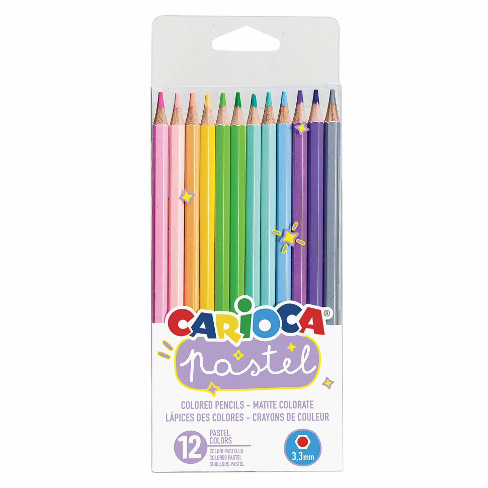 Карандаши цветные пастельные CARIOCA "Pastel", 12 цветов, шестигранные, заточенные, ПВХ чехол, 43034, 181702