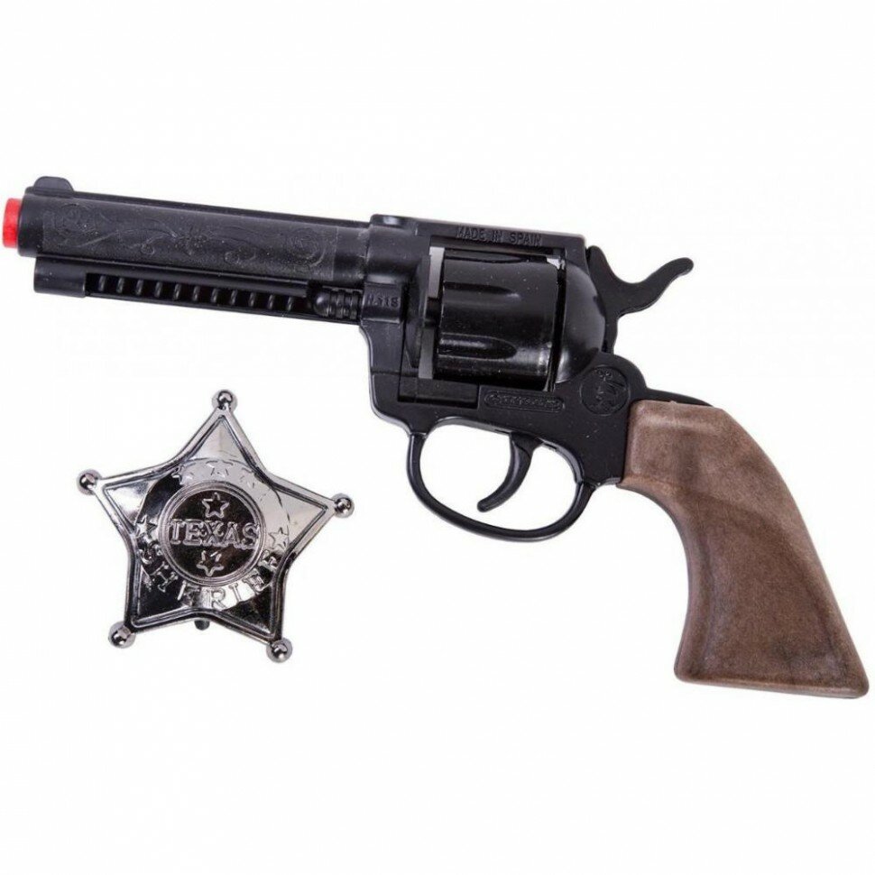 Ковбойский набор детский игрушечный револьвер из пластика черного цвета на пистонах и звезда шерифа Gonher 204/0