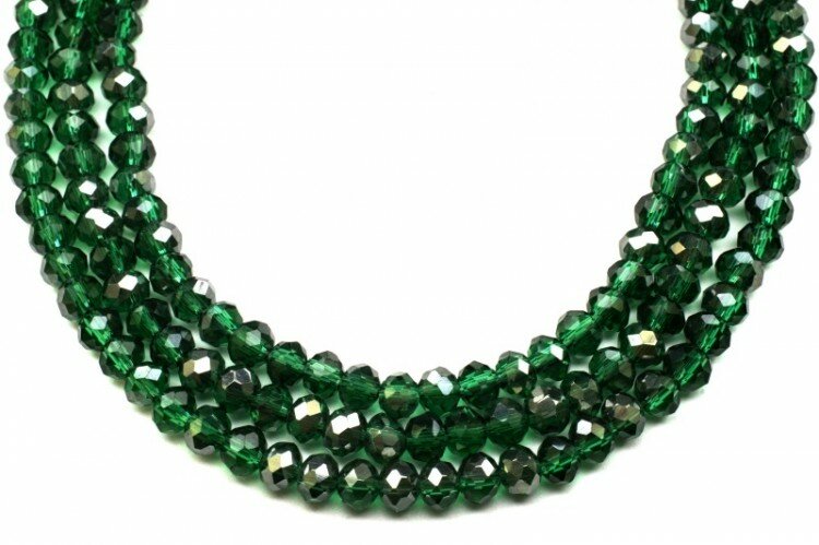 фото Бусина стеклянная Рондель 4х3мм, цвет зеленый, частично гальваническое покрытие, прозрачная, 506-079, 10шт