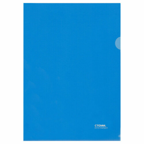 Папка-уголок СТАММ А4, 180мкм, пластик, прозрачная, синяя, 40 штук, 356788
