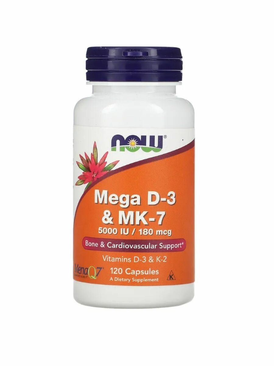 Мега Витамин Д3 5000 МЕ + К2 МК-7 180 мкг Mega Vitamin D3 + K2 MK-7 Now Foods 120 гелевых капсул