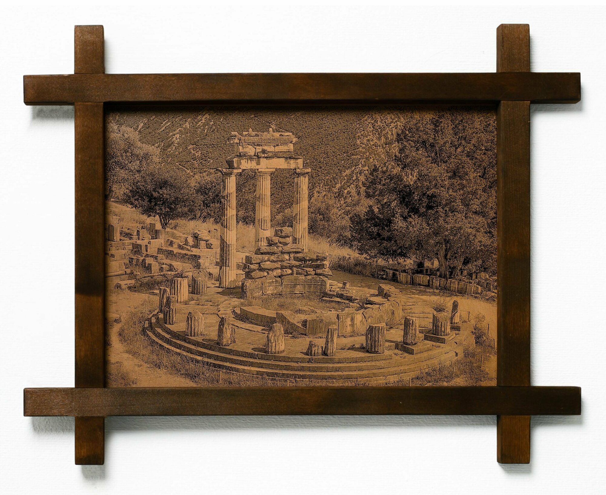 Картина Храм Аполлона в Дельфах, Греция, гравировка на натуральной коже, в деревянной раме, подарок, BoomGift