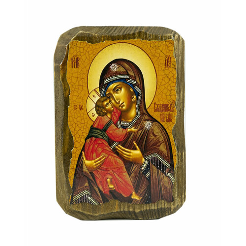 Икона под старину на состаренном дереве Пресвятая Богородица Владимирская 10х7 см